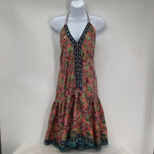Zury Women’s Silk Blend Halter Summer Boho Tiered Ruffle Dress Size Free Size